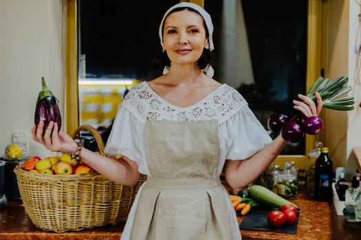 Woman dressed in a traditional white dress and apron.
