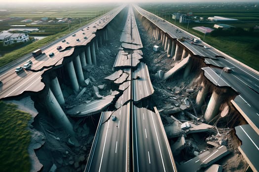 highway damaged by earthquake, top view.