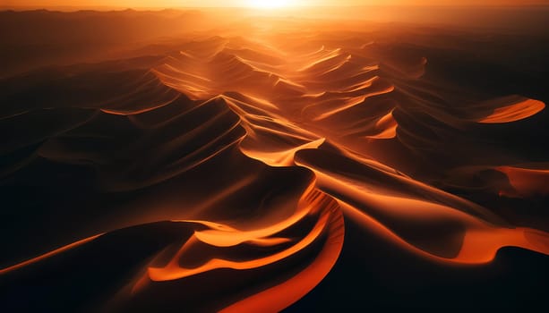 aerial image of a desert orange landscape at sunset.