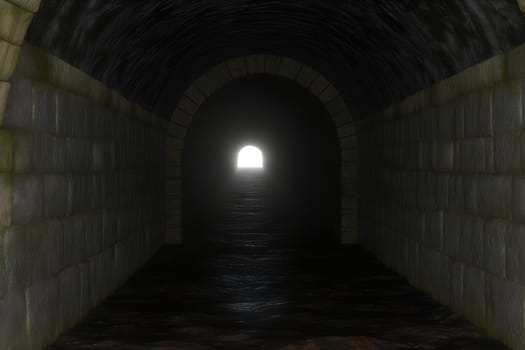 a dark, ancient stone tunnel with a faint, distant light at the end.