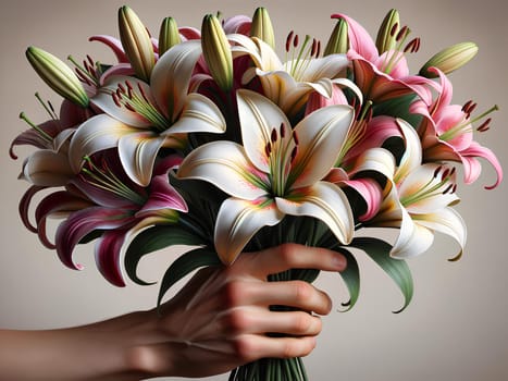 hand holding out a bouquet of lilies.