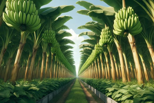 rows of tall banana trees with fruits on a banana plantation.