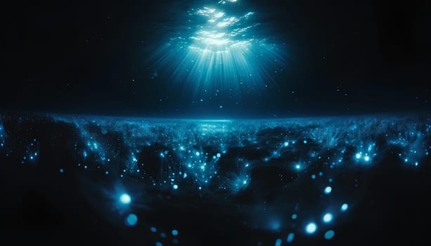 glowing marine bioluminescent plankton underwater at night.