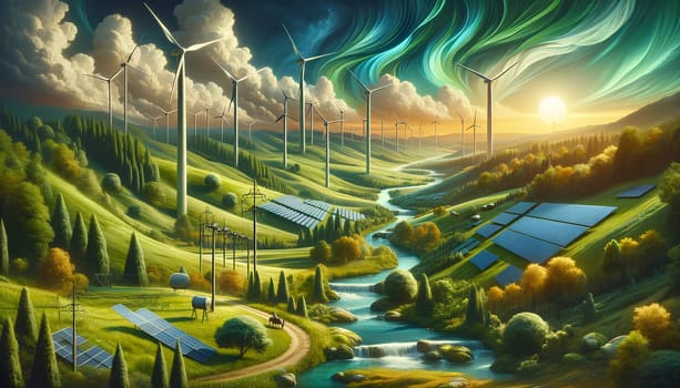 green energy landscape, futuristic integration of renewable energy sources