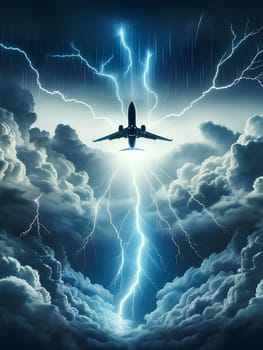 an airplane flying through a thunderstorm.