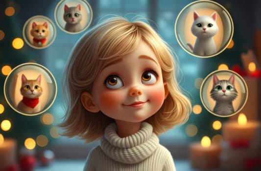 Girl dreams of a kitten for the Christmas