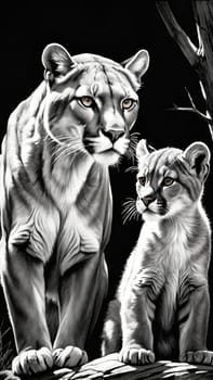 A Mother's Watchful Eye.A majestic cougar, with a keen gaze and a protective stance, watches over her young cub as it looks up with curiosity and trust. The soft, golden light illuminates their fur, creating a serene and heartwarming scene. The image captures the bond between a mother and her offspring, highlighting the beauty and power of nature.