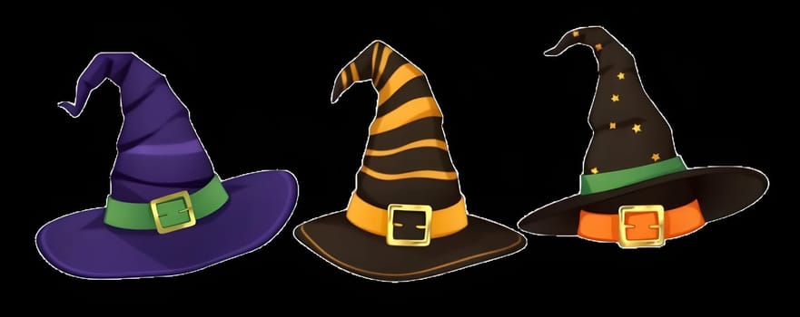 Three whimsical witch hats in purple, orange, and black present a festive look for Halloween. Each hat features unique designs, ideal for celebrating the holiday spirit.