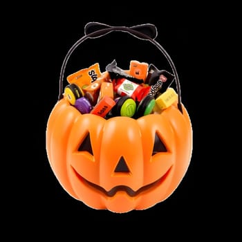 A vibrant orange pumpkin-shaped basket brims with colorful candies, ready for Halloween festivities. This joyful display captures the spirit of trick-or-treating in the fall season.