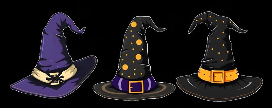 Three distinct witch hats in purple and black are displayed, featuring various designs. These hats are perfect for Halloween festivities or costume parties.