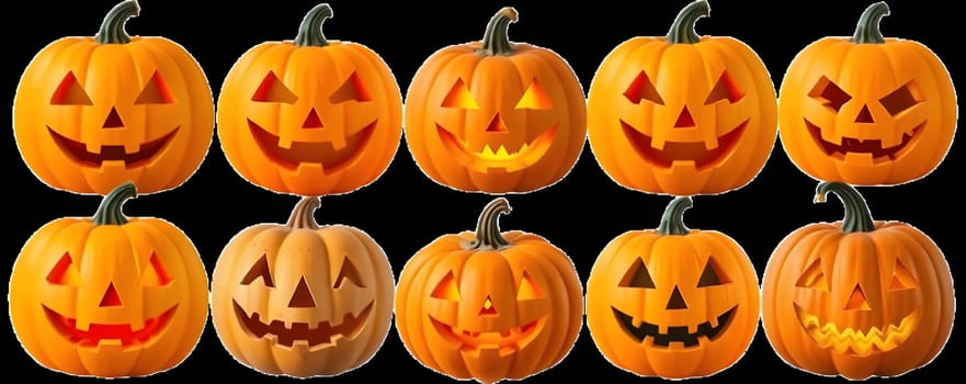 A collection of creatively carved pumpkins showcases various expressive faces, brightly colored in orange with flickering lights. These festive decorations bring a spirited ambiance for Halloween.