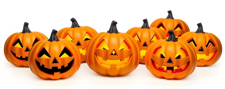A vibrant collection of carved Halloween pumpkins features various expressions, showcasing creativity for autumn celebrations. The bright orange gourds illuminate the festive spirit.