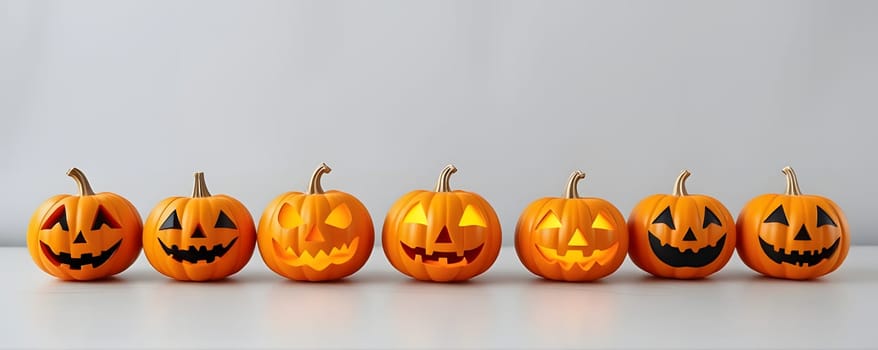 A row of carved pumpkins displays different cheerful and spooky expressions. Each pumpkin is uniquely designed, lit from within, ideal for Halloween celebrations.