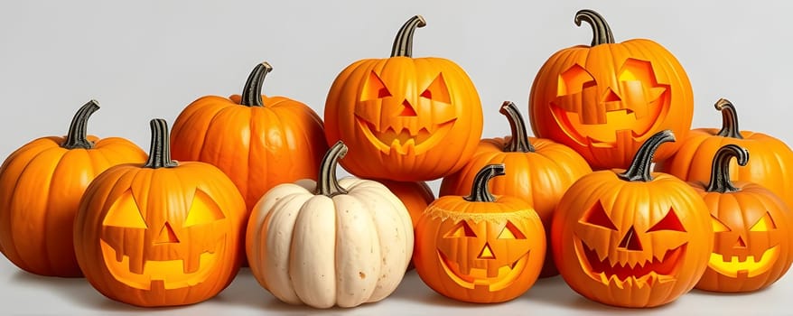 A collection of carved pumpkins features a variety of spooky and playful faces, showcasing iconic Halloween designs. The pumpkins are arranged together, creating a festive atmosphere.