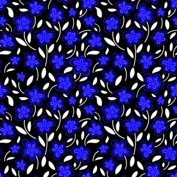 Seamless pattern of Blue chamomile flowers on a black background.Spring pattern.