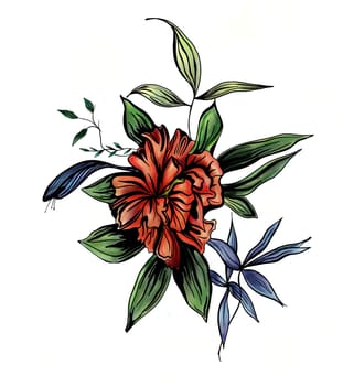 Watercolor sketch of a red flower on a white background