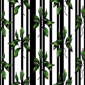 Seamless pattern with green leaves on a striped black and white background