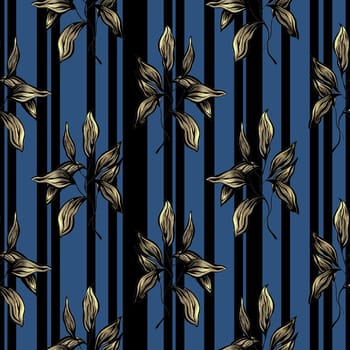 Seamless pattern with gold leaves on a striped blue and black background in vintage style. High quality photo