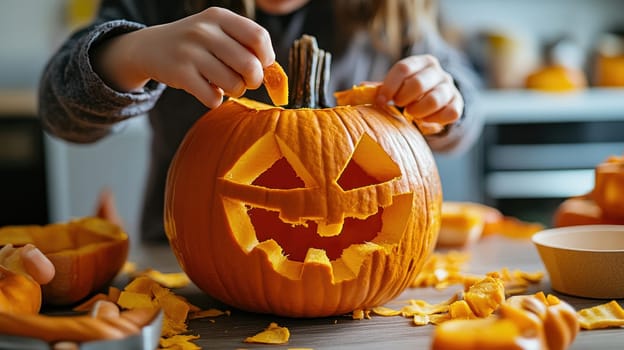 Child carving a Jack o' lantern from a pumpkin for Halloween decoration. Concept of autumn festivities and traditions.