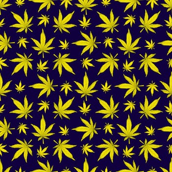 Cannabis seamless pattern. Yellow hemp leaves on a black background. Marijuana pattern illustration