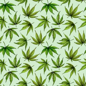 Seamless pattern of green cannabis leaves on a green background. Green hemp leaves. Hand drawn illustration.The seamless cannabis leaf pattern.marijuana pattern