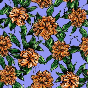Seamless pattern with orange flowers on a blue background. . Watercolor illustration