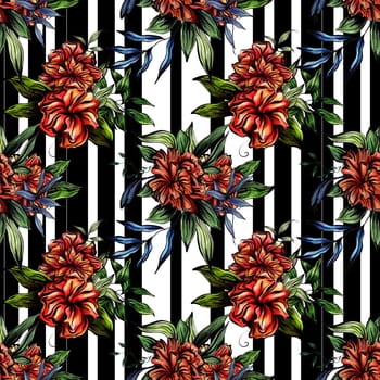Seamless pattern with red colors on a black and white striped background. Watercolor illustration. High quality photo