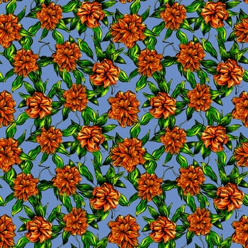 Seamless pattern with orange flowers on a blue background. . Watercolor illustration