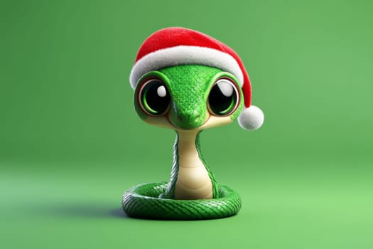 Cartoon green snake in santa hat on green background