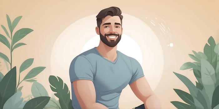 A friendly young man with a beard smiles while seated amidst vibrant greenery, complemented by a gentle warm light backdrop, ideal for attracting viewers online.
