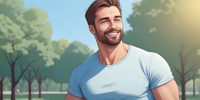 A cheerful young man walks through a sunny park, surrounded by lush green trees. He smiles brightly, radiating positivity and joy as he enjoys the beautiful outdoor scenery.