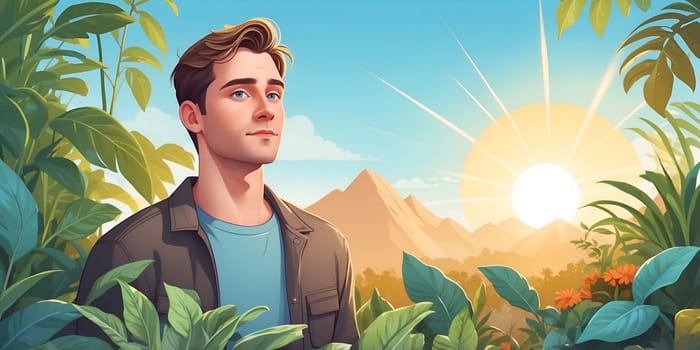 Surrounded by lush vegetation, a young man gazes into the distance as the sun rises above majestic mountains, creating a serene and adventurous atmosphere.