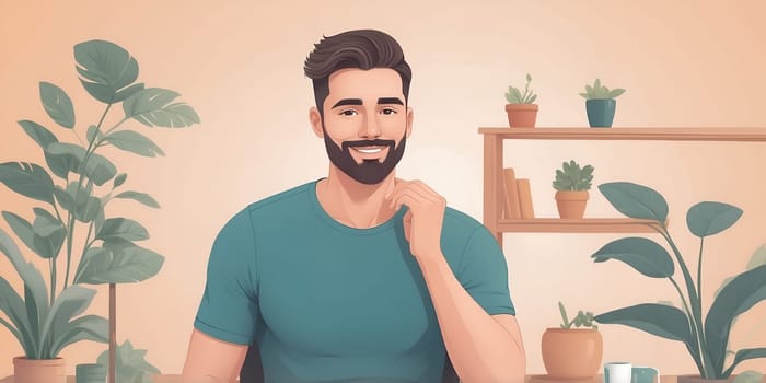 A man with a beard and a bright smile sits in a cozy indoor space filled with various plants. He exudes a warm and inviting atmosphere, perfect for engaging content.