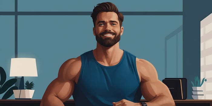 A confident man with a muscular physique sits at a desk, dressed in a blue tank top. The bright room features plants and a lamp, creating an inviting atmosphere.