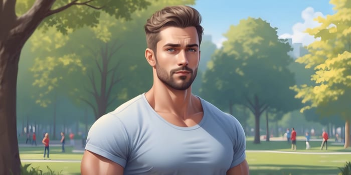 A strong man poses in a vibrant park setting, surrounded by lush greenery and people engaging in leisure activities. The bright sunshine enhances the inviting atmosphere.