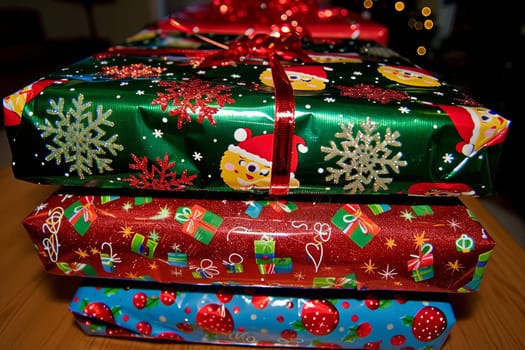 Beautifully wrapped christmas gifts surrounded by perfectly arranged festive lighting