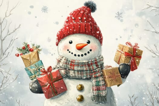 Snowman in a red knitted hat with gifts on snow