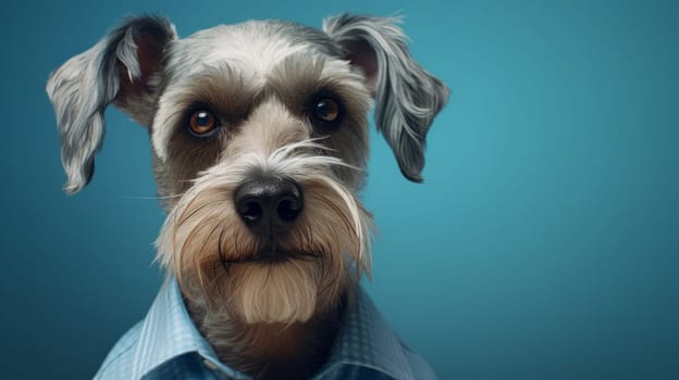 A dog wearing a stylish shirt up close.