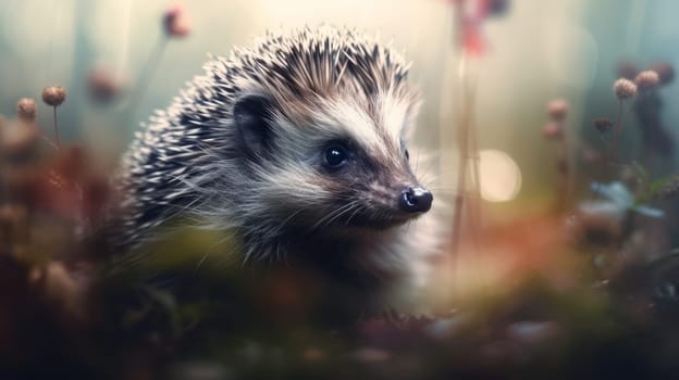 A cute hedgehog exploring a vibrant field of blooming flowers.
