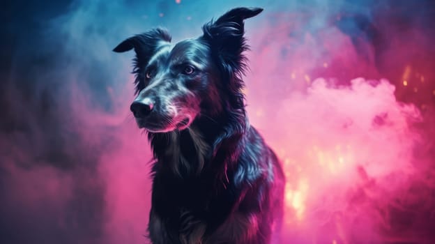 A black dog sitting in front of a vibrant pink and blue background.