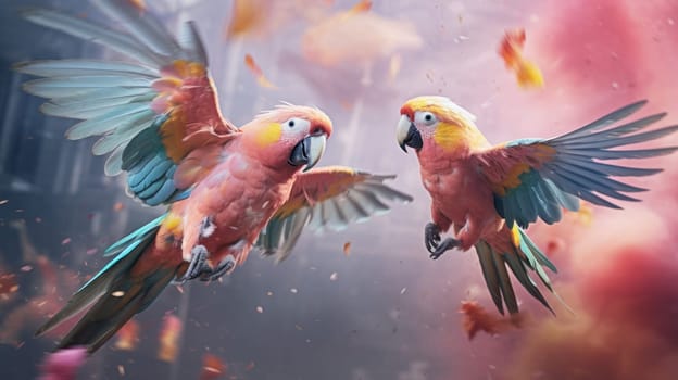 Two vibrant parrots in flight.