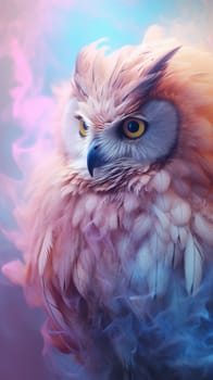 A stunning owl with captivating yellow eyes against a vibrant blue and pink backdrop.