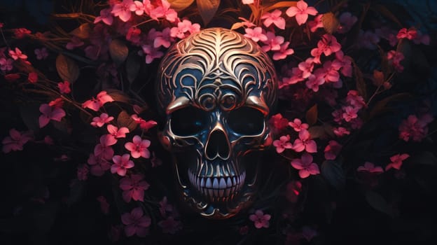 A skull surrounded by pink flowers.