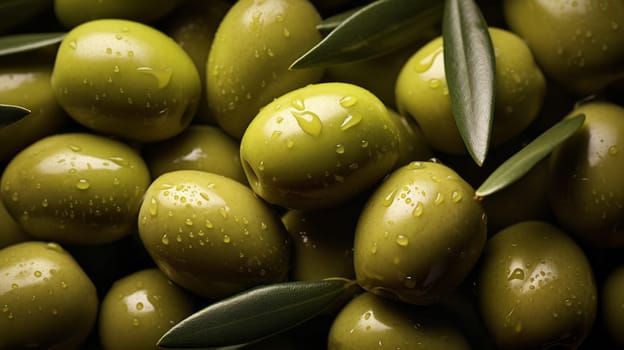 A pile of fresh green olives glistening with water droplets.