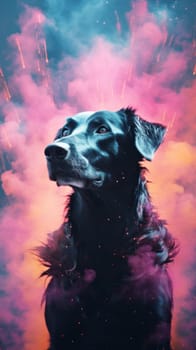 A black dog sitting in front of a vibrant and colorful background.