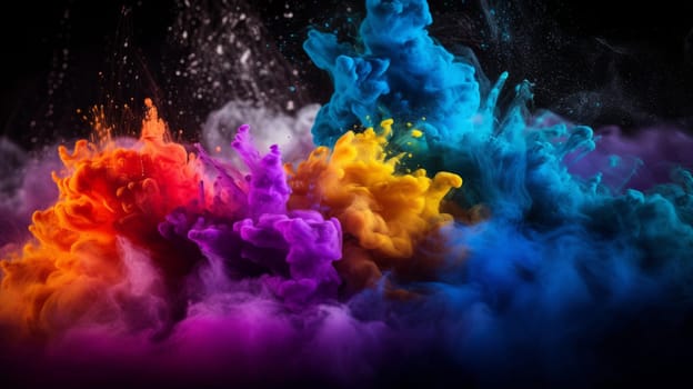 A vibrant cloud of colorful smoke against a dark backdrop.