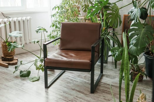 A fragment of the interior with a variety of indoor plants and plaster sculptures. Urban jungle concept. Biophilia design.