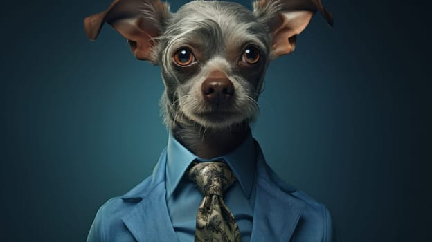 A stylish small dog dressed in a blue shirt and tie.