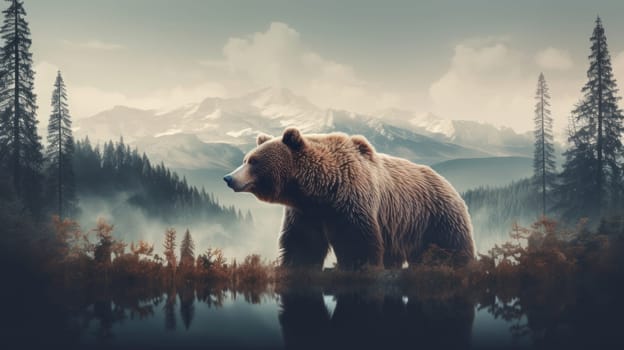 A majestic brown bear standing tall in the midst of a lush forest.