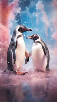 Two penguins standing together on abstract background.
